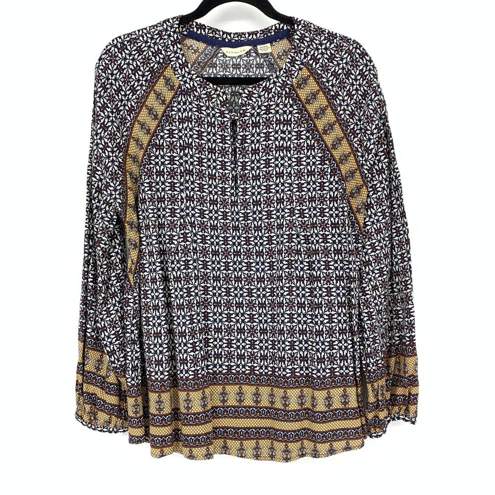 11.1. Tylho Long Sleeve Blouse Womens Size Medium Navy Medallion Tile Print